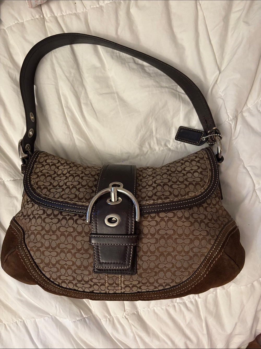 Coach Brown Signature Canvas Shoulder Bag with Dark Leather Trim